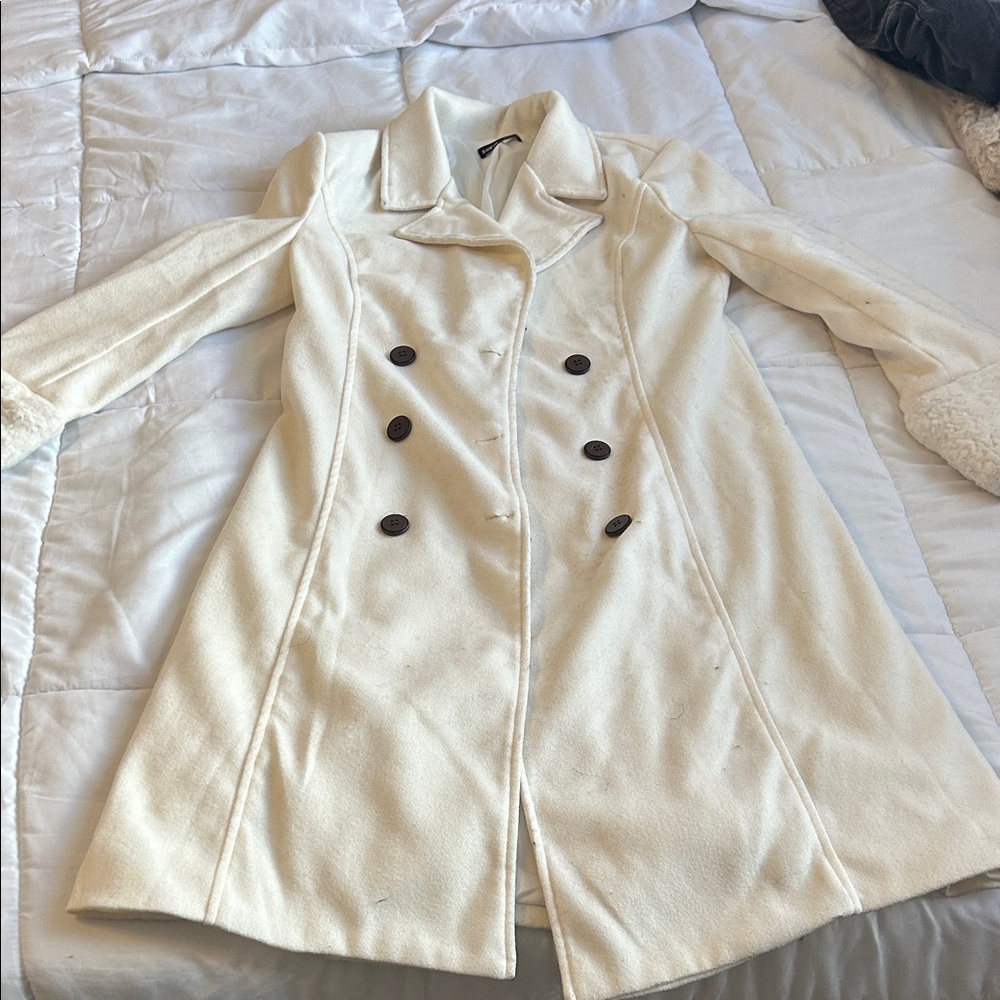 Shein Winter Fur Cuff Over Coat (Cream/White)